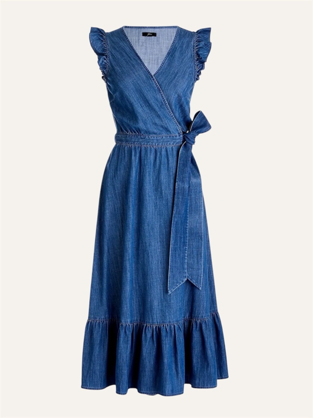 J.Crew Chambray Wrap Midi Dress Size 10 Flutter Sleeve Tie Waist Denim Blue